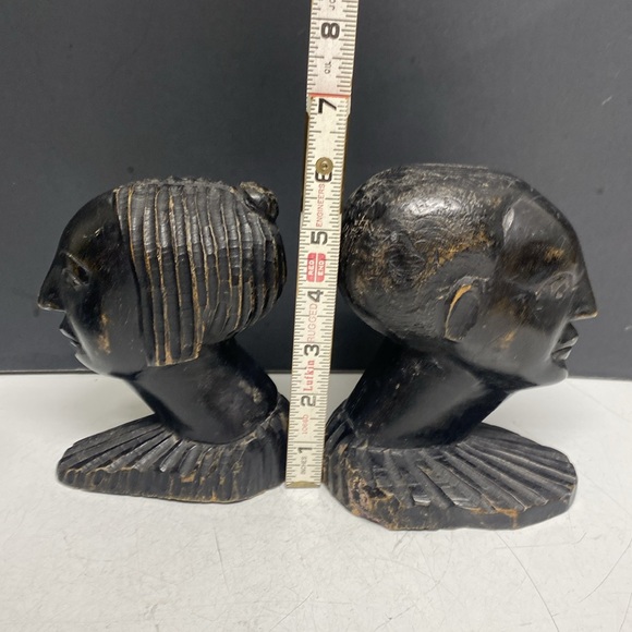 African Hand Carved Ebony Wood Bust Sculptures Tribal Head Set of Two - Picture 6 of 14